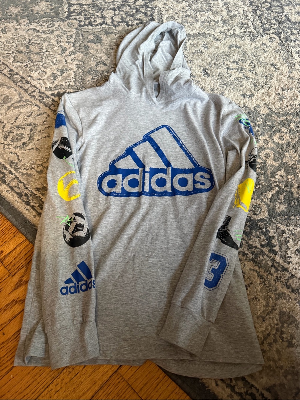 adidas Boys' Gray Hooded Tee with Blue Logo and Yellow Accents